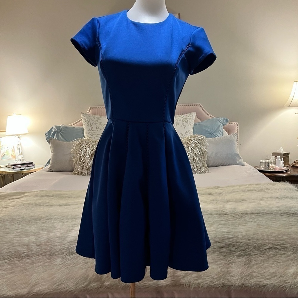 B. DARLIN Royal Blue Cap Sleeves High Waist Circle Skirt 1 2 Scoop Neck Church